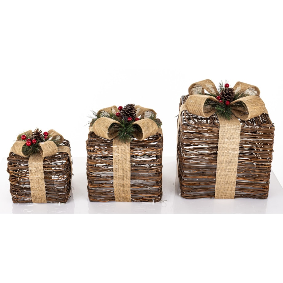 Dekoracja pudełka 3 szt. świecące LED 30x26x26 i 25x21x21 i 18x17x17 cm GEMARA brązowy i czarny