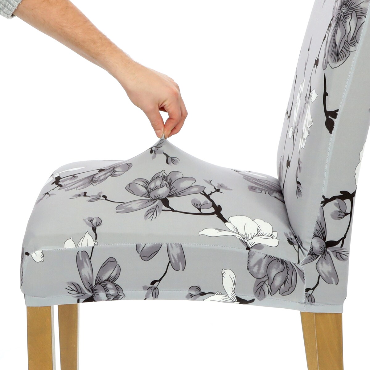 POKROWIEC NA KRZESŁO SZARY KWIATY WZORY ELASTYCZNY [21AH]