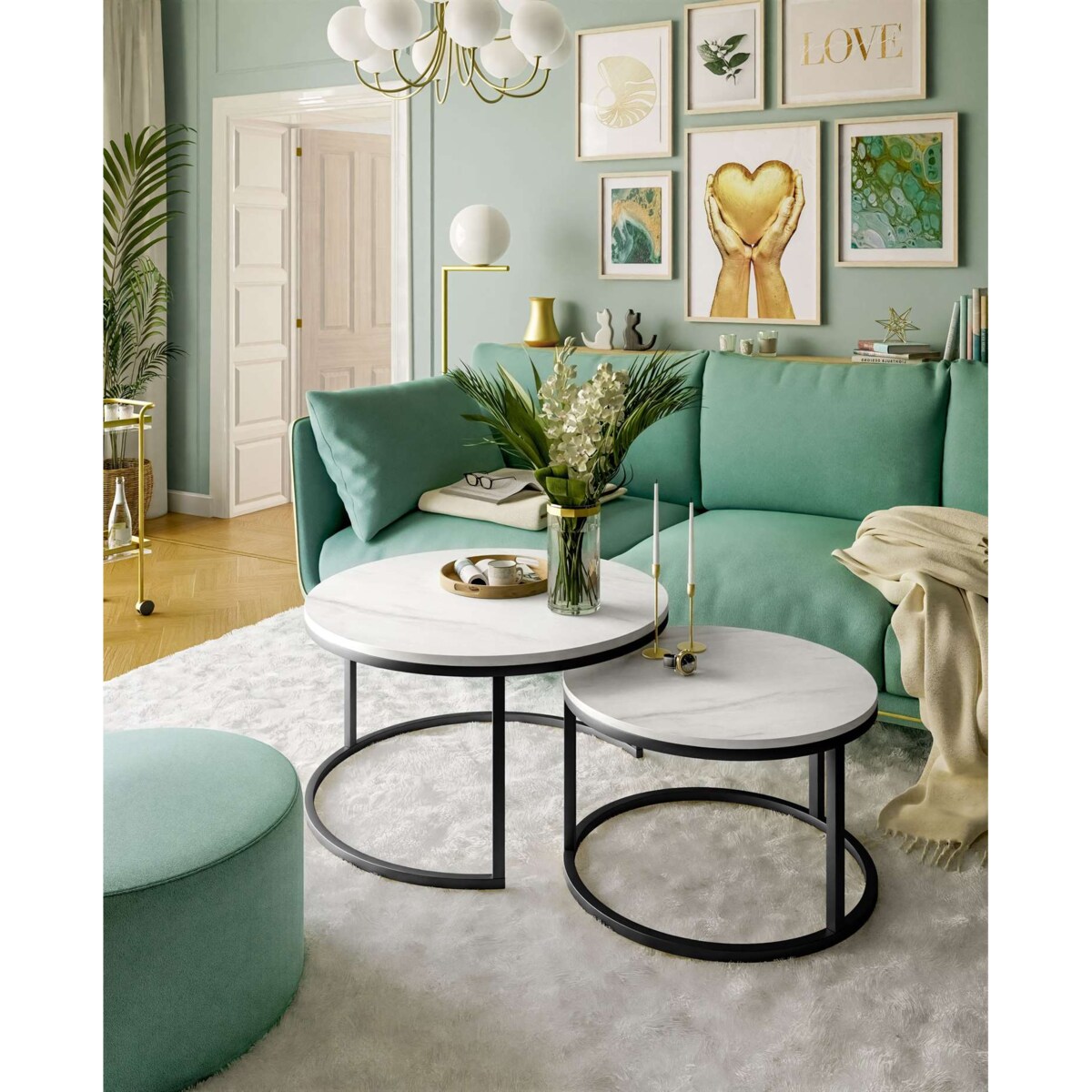 Okrągły stolik kawowy CIRI 2w1 czarny marmur levanto 60/80 cm