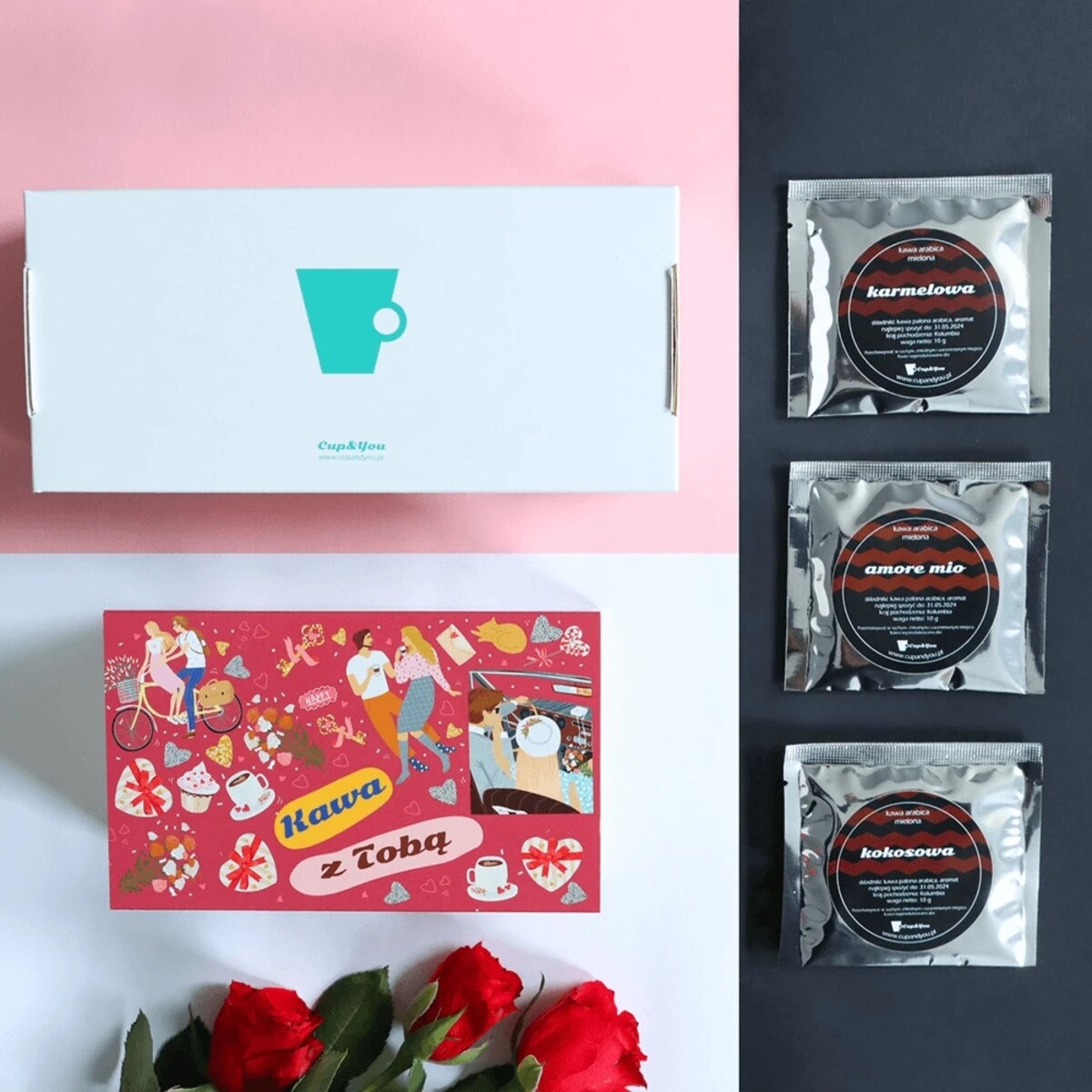 Zestaw prezentowy upominkowy "KAWA Z TOBĄ" - 20 smaków kaw deserowych premium - prezent upominek na walentynki dla chłopaka dziewczyny niej niego żony męża kobiety faceta mężczyzny