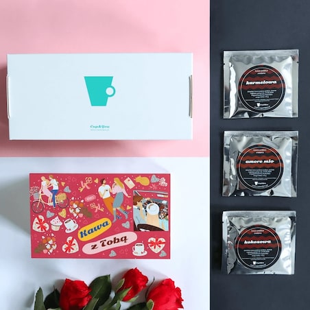 Zestaw prezentowy upominkowy "KAWA Z TOBĄ" - 20 smaków kaw deserowych premium - prezent upominek na walentynki dla chłopaka dziewczyny niej niego żony męża kobiety faceta mężczyzny