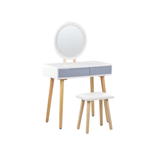 Toaletka 2 szuflady lustro LED ze stołkiem biało-szara JOSSELIN