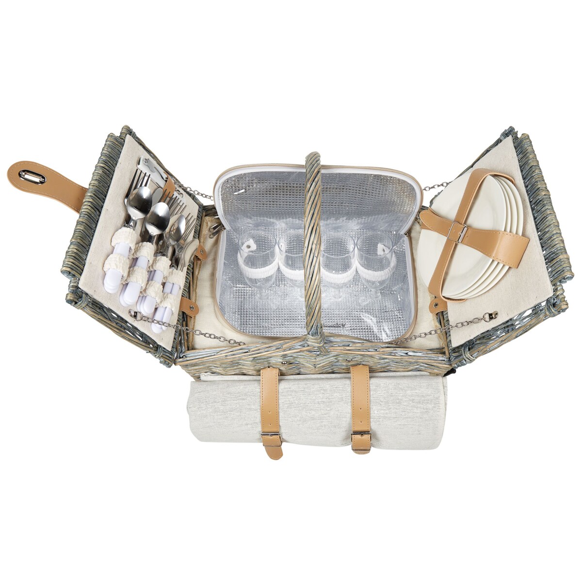 Kosz piknikowy z wikliny dla 4 osób naturalny z szarym CANELE