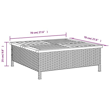 vidaXL Stolik ogrodowy, czarny, 70x70x25 cm, rattan i drewno akacjowe