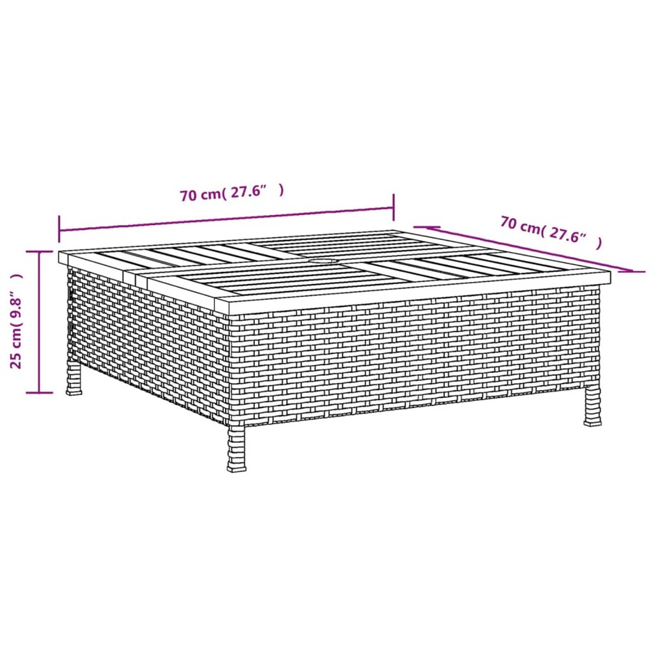 vidaXL Stolik ogrodowy, czarny, 70x70x25 cm, rattan i drewno akacjowe