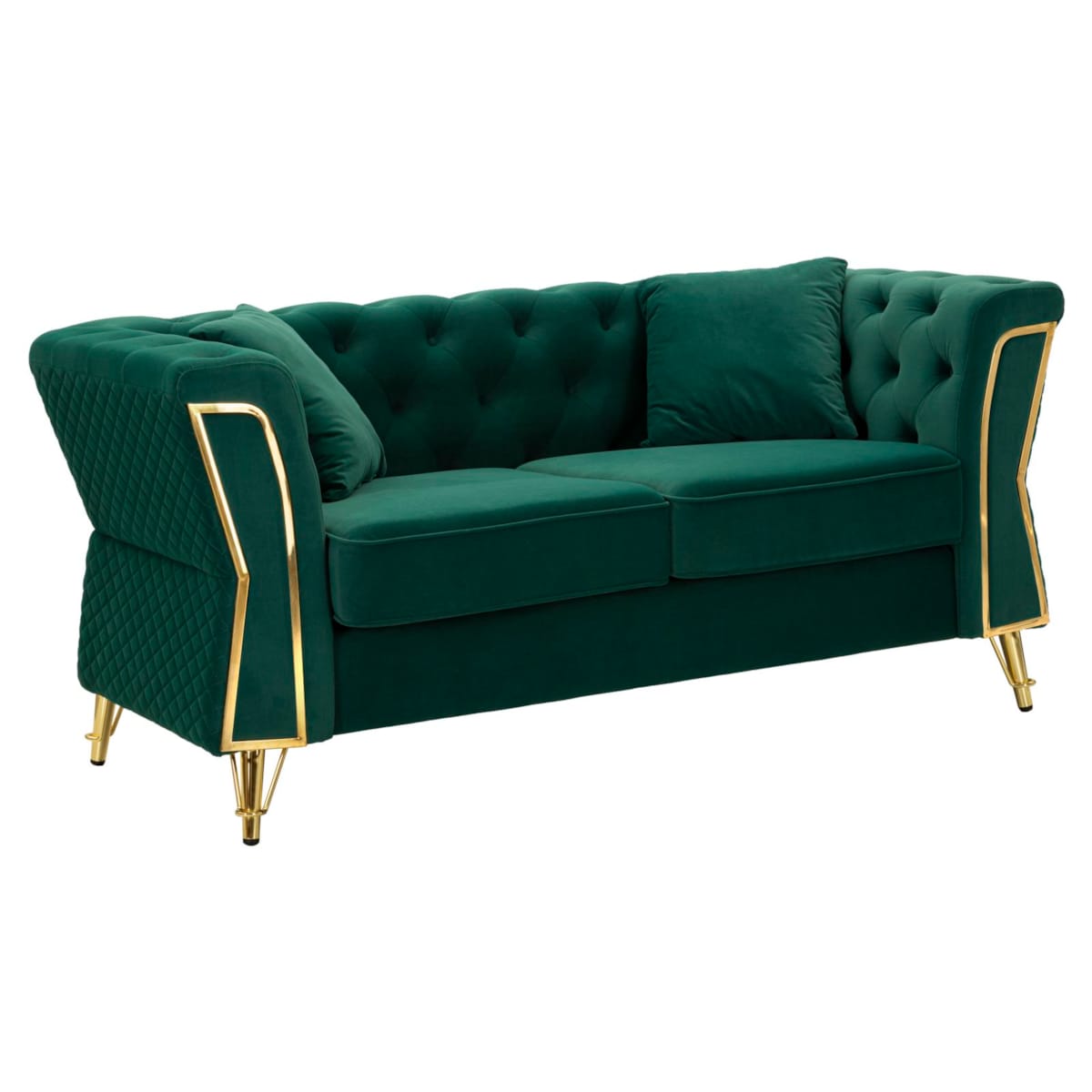 Sofa Emy, kolor zielony i złoty, poliester, drewno eukaliptusowe, drewno sosnowe, sklejka i metal, 162 x 83 x 76 cm, do salonu, Mauro Ferretti