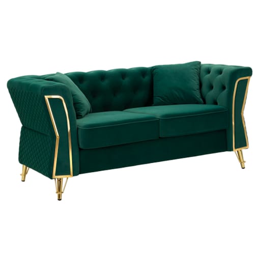 Sofa Emy, kolor zielony i złoty, poliester, drewno eukaliptusowe, drewno sosnowe, sklejka i metal, 162 x 83 x 76 cm, do salonu, Mauro Ferretti