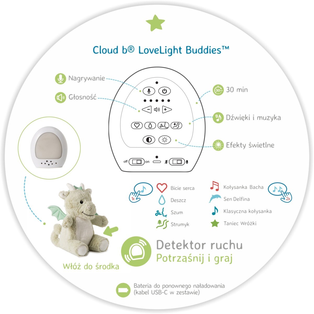 Szumiący smok z czujnikiem ruchu i pozytywką - Cloud b® LoveLight Buddies Drake the Dragon™