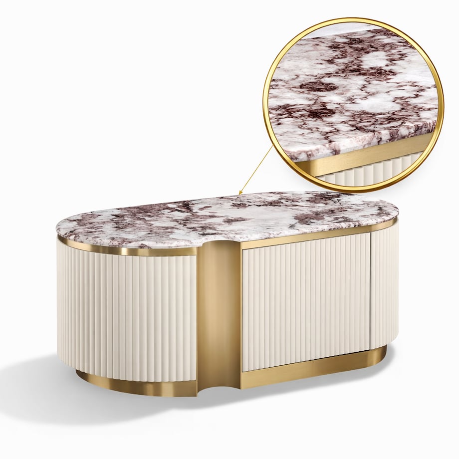 Stolik kawowy glamour kremowo złoty Nutris 122x60x45 ryflowany