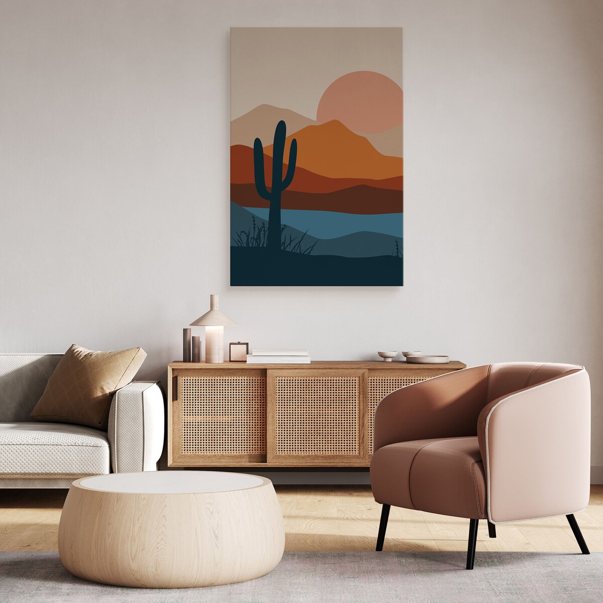 DUŻY OBRAZ DO SALONU AKWARELE PUSTYNIA GÓRY ZACHÓD KAKTUSY 80x120cm