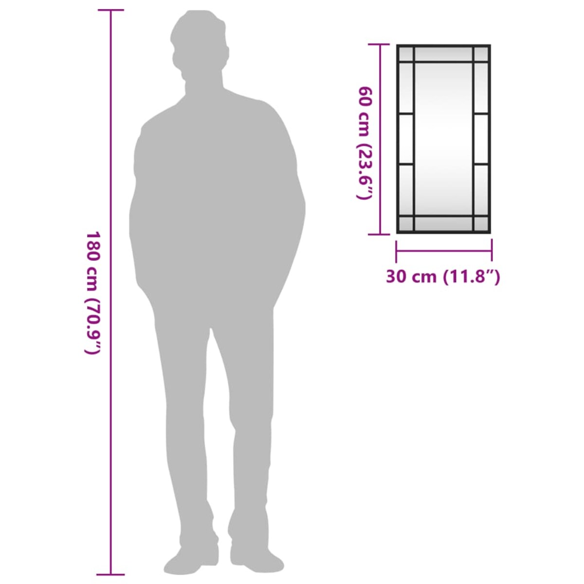 vidaXL Lustro ścienne, czarne, 30x60 cm, prostokątne, żelazo