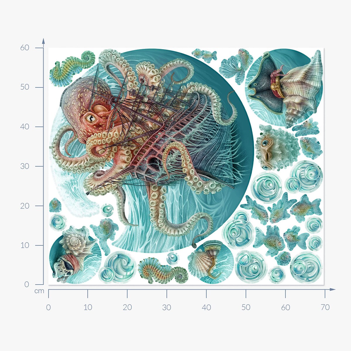 Zestaw naklejek na ścianę, Świat ośmiornicy, 60cm