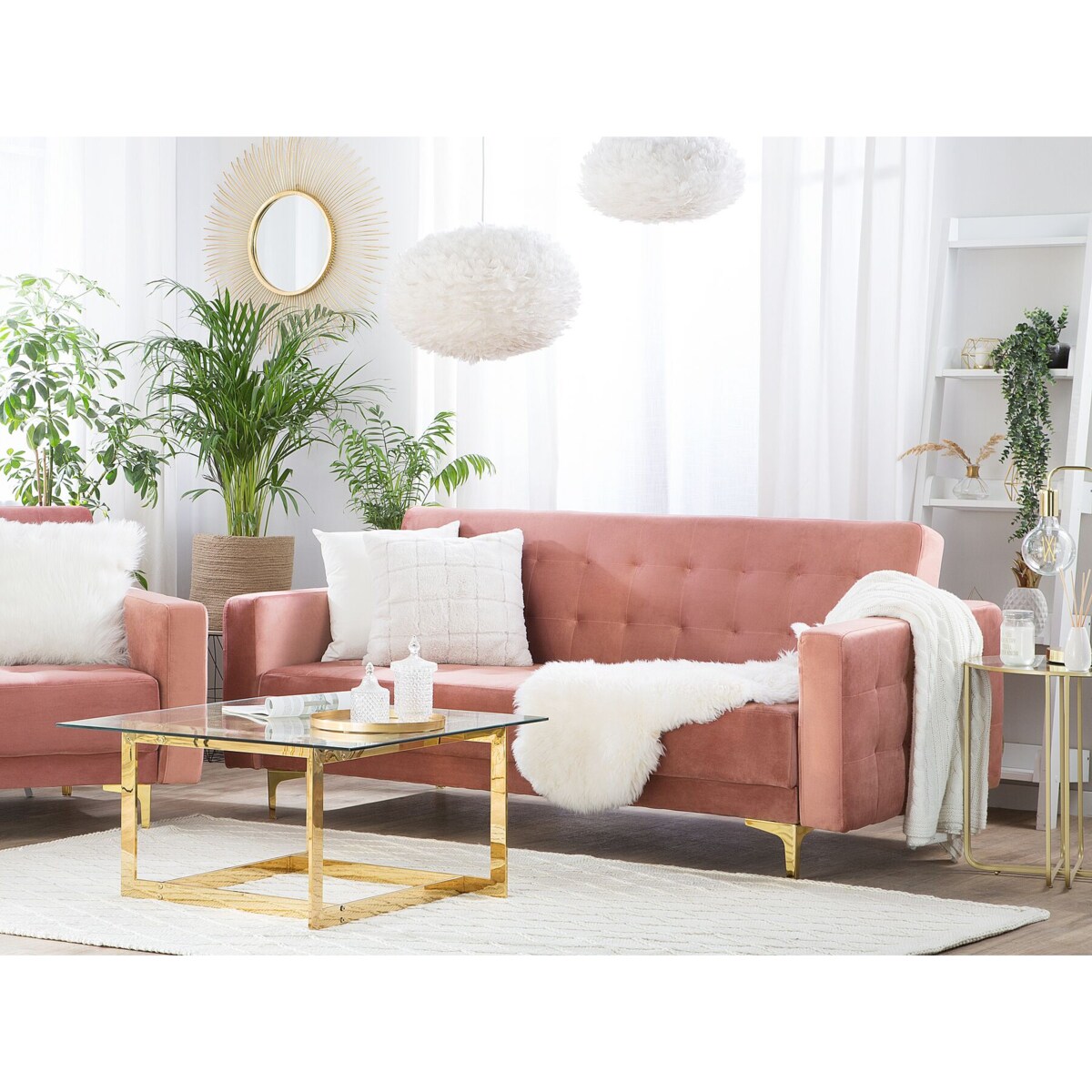 Sofa rozkładana welurowa różowa ABERDEEN