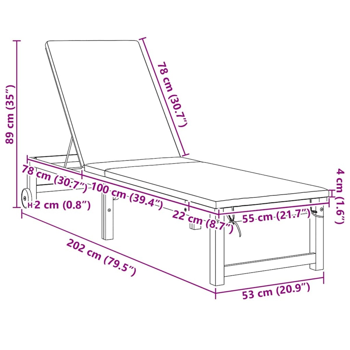 vidaXL Leżak z poduszką Brązowy 53 x 202 x 89cm Lite drewno akacjowe