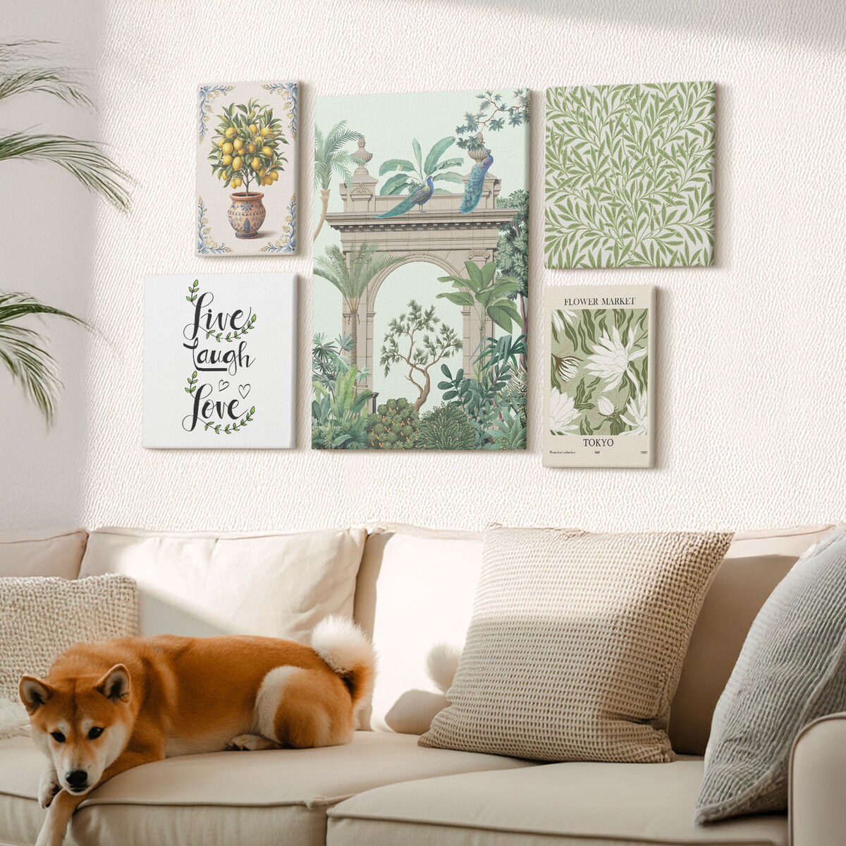 Zestaw 5 obrazów na płótnie - Roślinne motywy boho akcenty - zielony