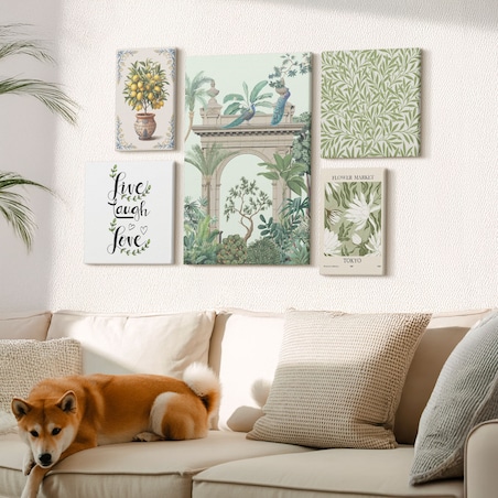 Zestaw 5 obrazów na płótnie - Roślinne motywy boho akcenty - zielony