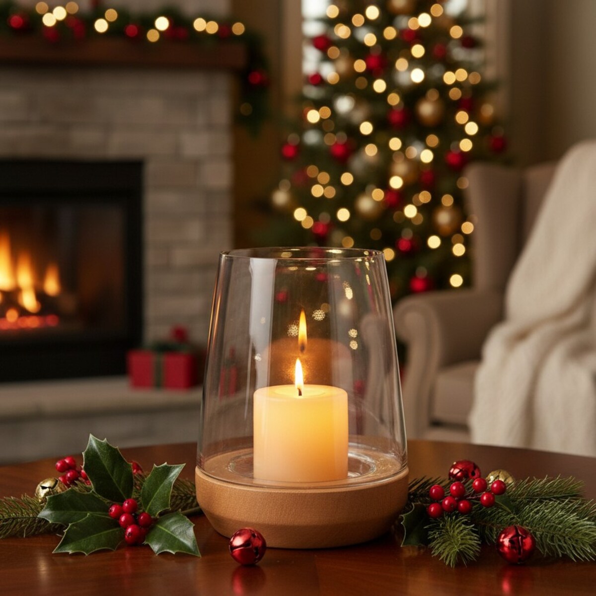 Lampion z drewnianą podstawką, 23 cm