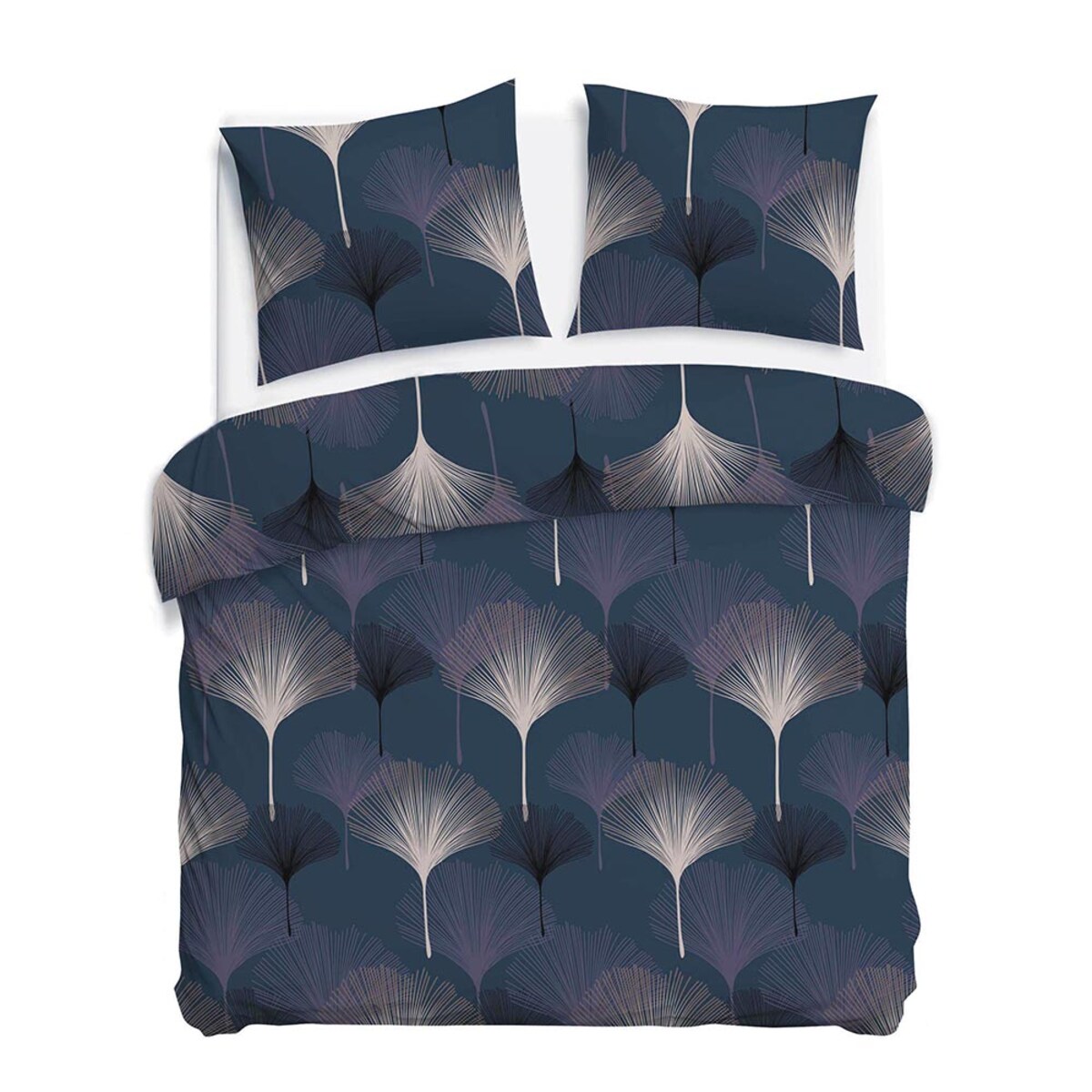 Pościel satyna bawełniana 160x200 Lunavia liście miłorzębu na niebieskim tle, Satynlove