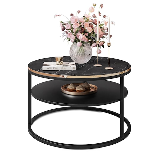 Okrągły stolik kawowy COREIL z półką czarny grigia pietra