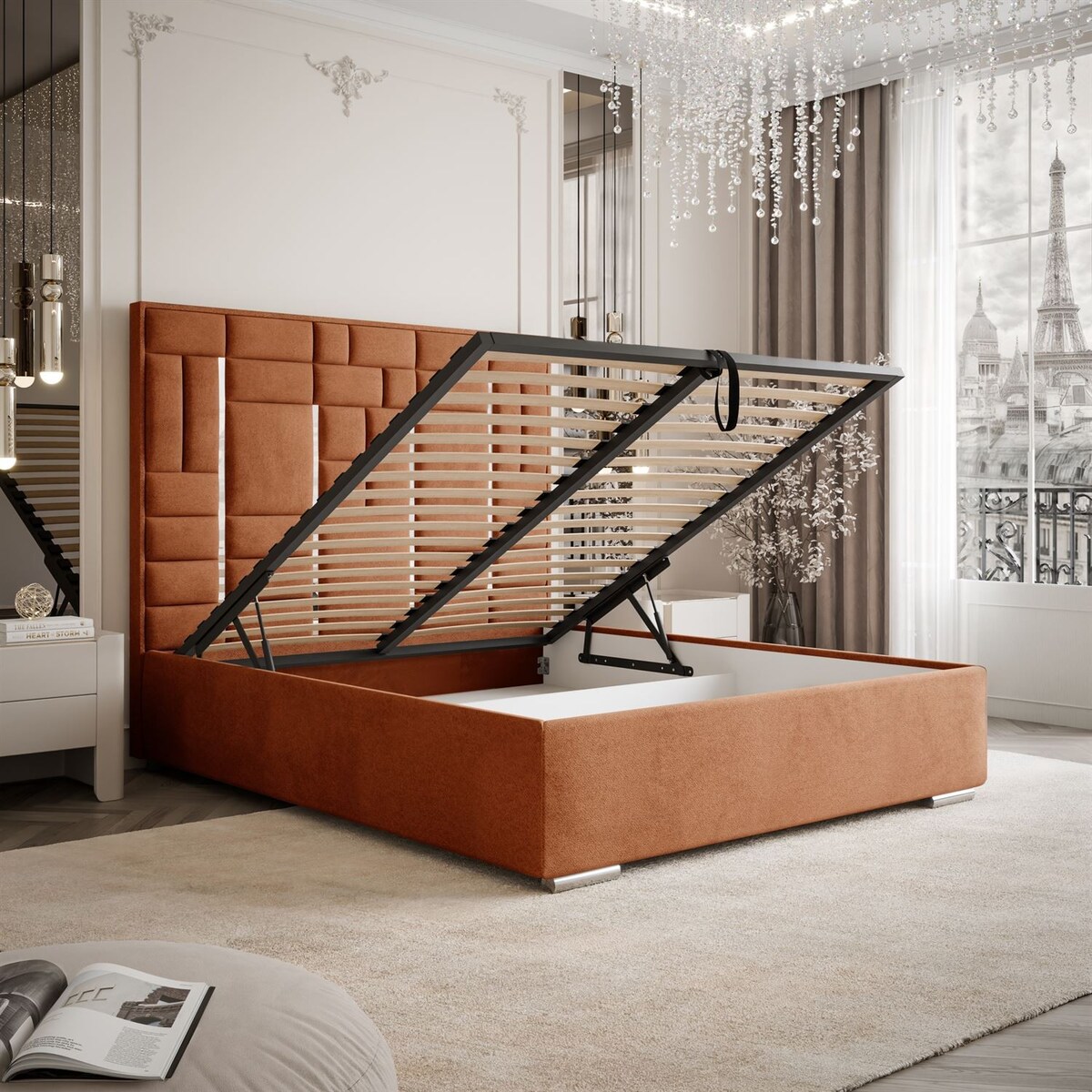 Łóżko tapicerowane BRIGITTE SILVER, pojemnik na pościel, s34, 160x200, Element 09