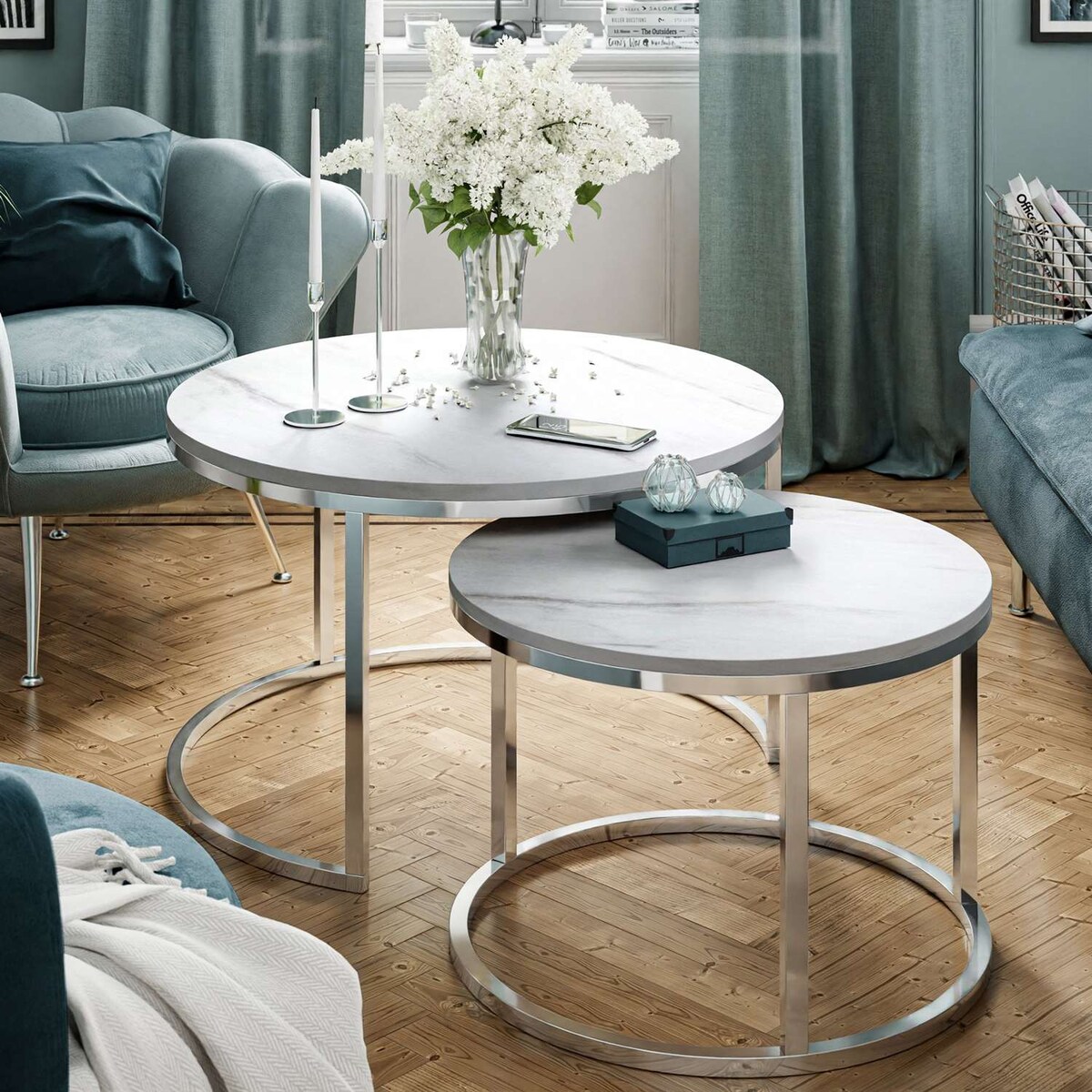 Okrągły stolik kawowy CIRI 2w1 chrom marmur levanto