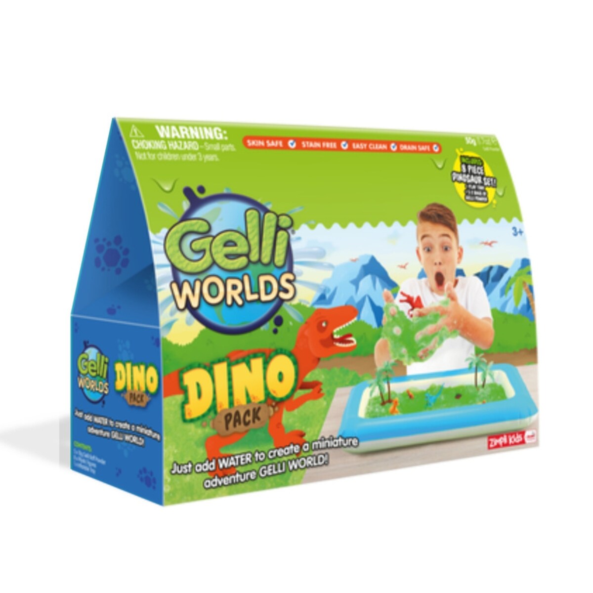 Magiczny proszek do wody zestaw do tworzenia gelli z figurkami i tacą Gelli Worlds Dino Pack 5 użyć 3+ Zimpli Kids