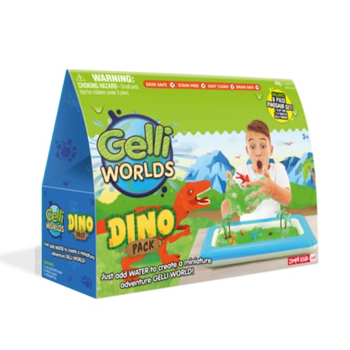 Magiczny proszek do wody zestaw do tworzenia gelli z figurkami i tacą Gelli Worlds Dino Pack 5 użyć 3+ Zimpli Kids