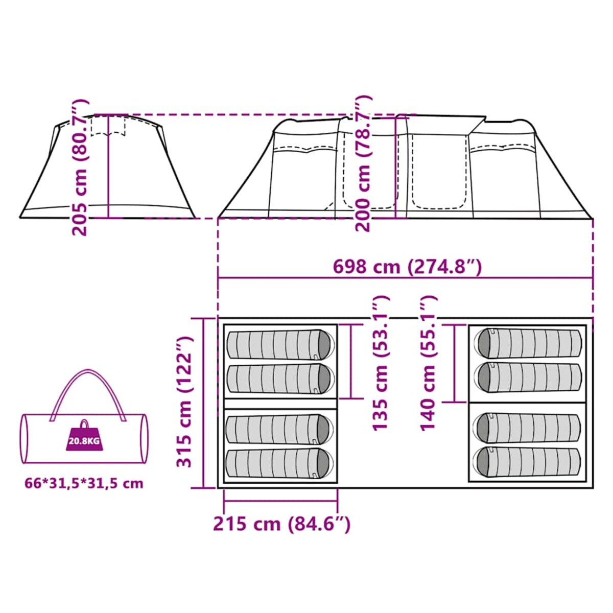 vidaXL Namiot rodzinny, tunelowy, 8-os., niebieski, wodoszczelny