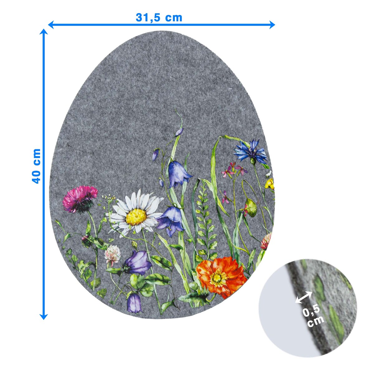 Podkładka Filcowa Wielkanocna Pisanka Na Stół Dekoracyjna Ozdobna Kwiaty Ciemnoszara 40X31,5 Cm