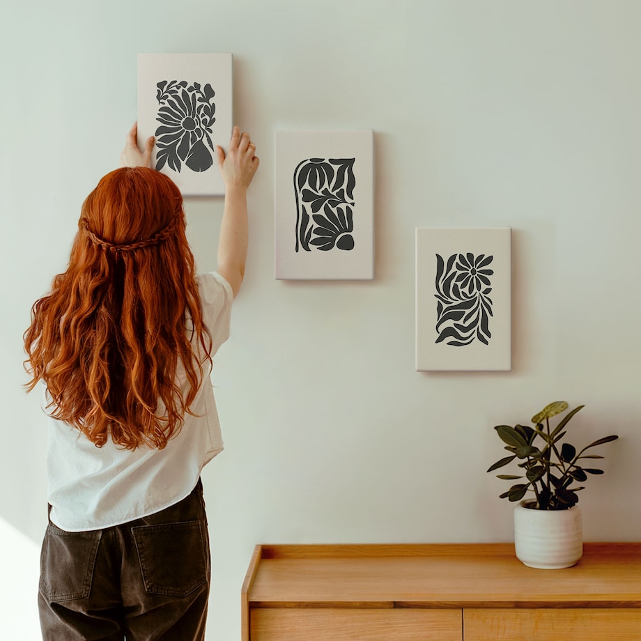 Zestaw 3 małych obrazów na płótnie - Abstrakcyjne roślinne wzory boho - czarno-biały