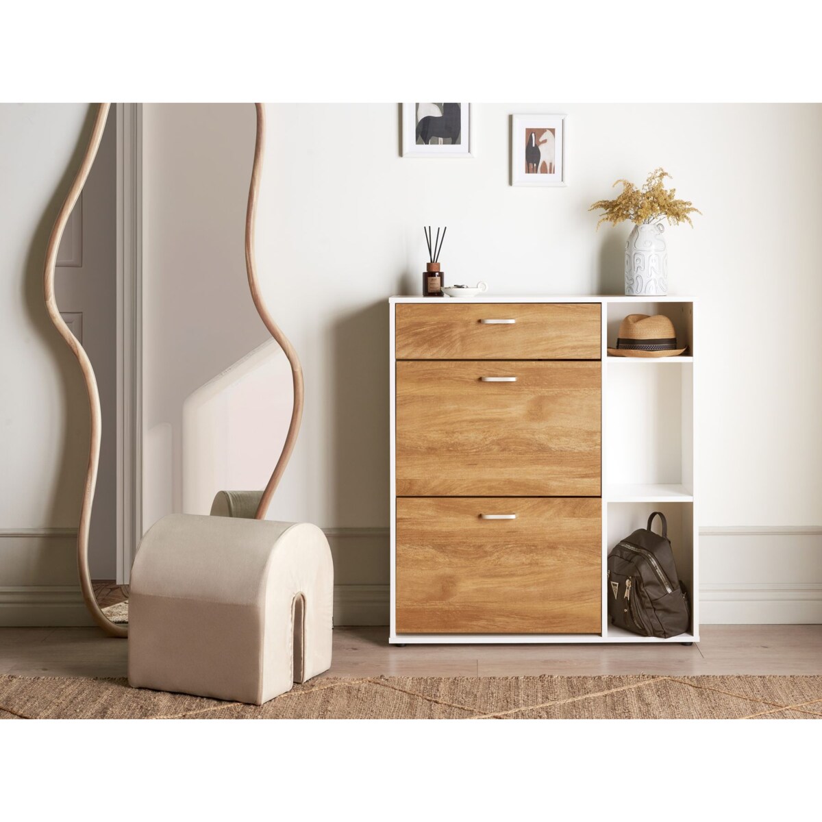 Szafka na buty 2 przegrody jasne drewno z białym MACKAY