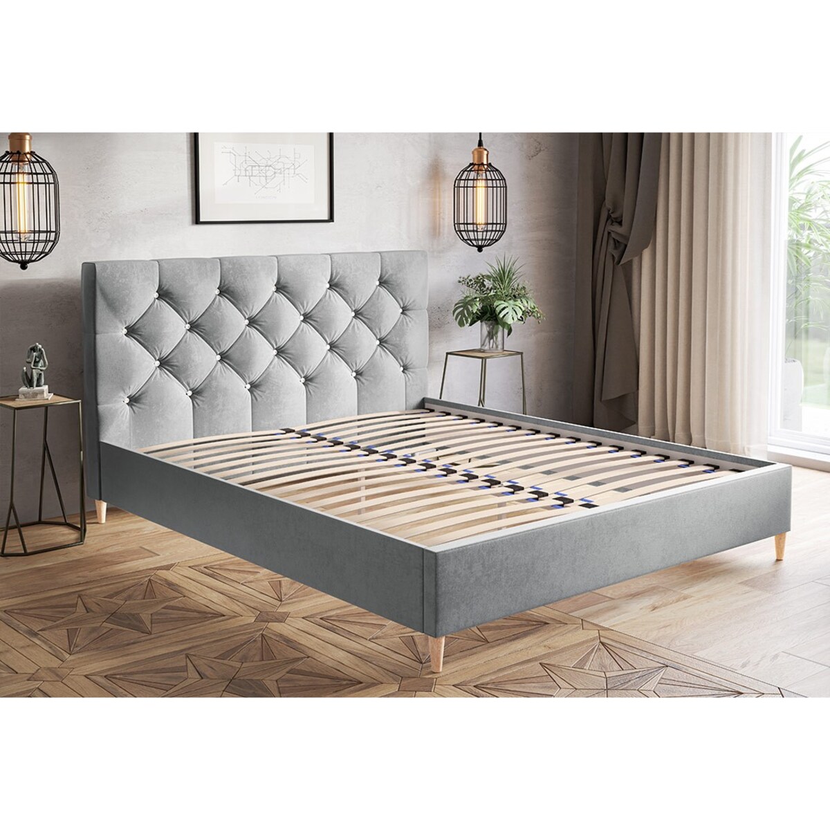 Łóżko tapicerowane 180x200 LUXO 6 na drewnianych nogach, do sypialni -szare