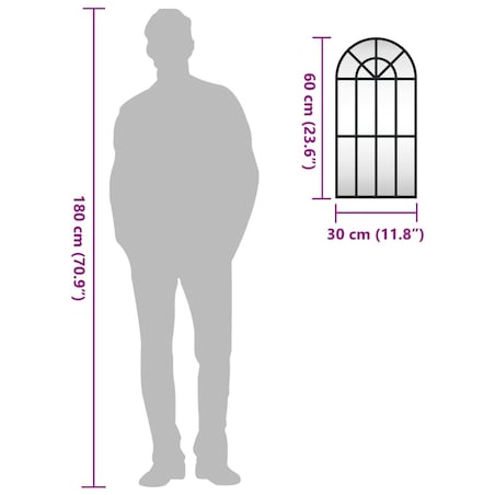 vidaXL Lustro ścienne, czarne, 30x60 cm, zakończone łukiem, żelazo