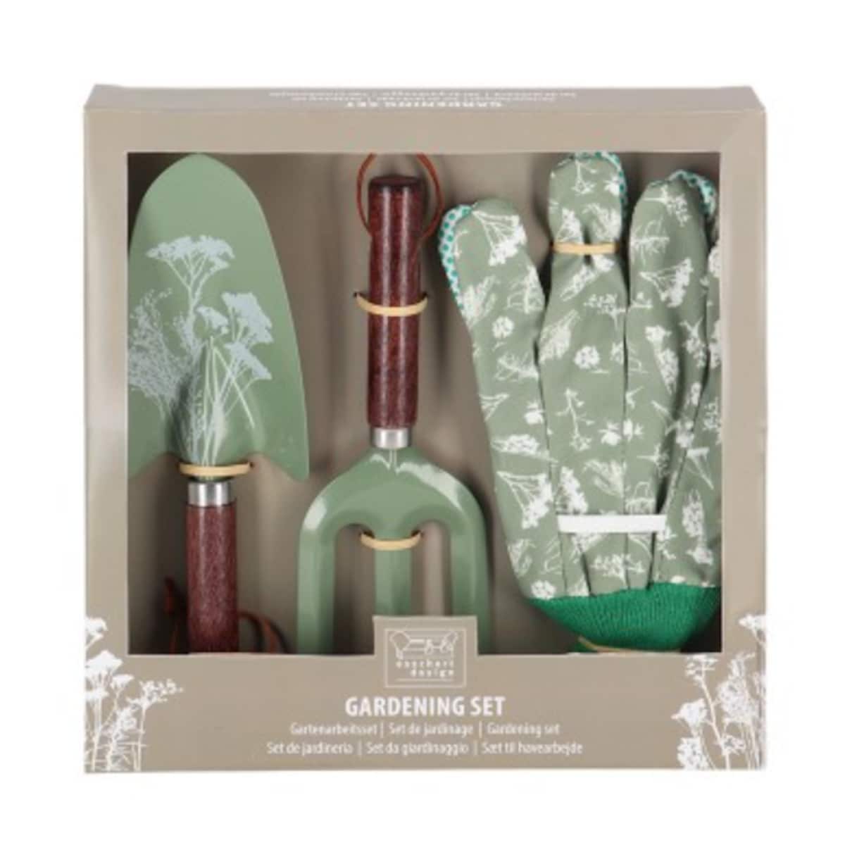 ZESTAW NARZĘDZI OGRODNICZYCH łopatka grabki rękawiczki kolorowe zioła łąkowe PREMIUM Eschert Design
