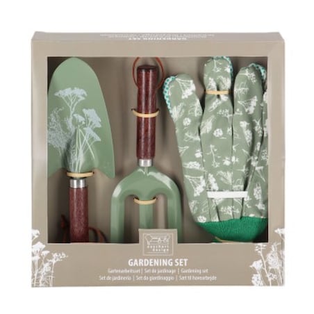 ZESTAW NARZĘDZI OGRODNICZYCH łopatka grabki rękawiczki kolorowe zioła łąkowe PREMIUM Eschert Design
