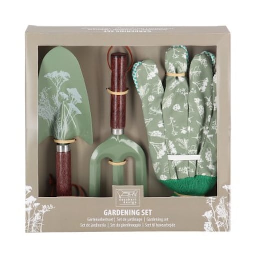 ZESTAW NARZĘDZI OGRODNICZYCH łopatka grabki rękawiczki kolorowe zioła łąkowe PREMIUM Eschert Design