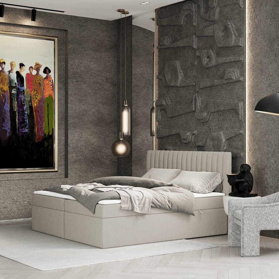 Łóżko tapicerowane MALDON 180x200 z pojemnikiem, Beż, tkanina Alta 02