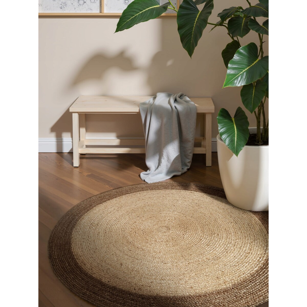 Dywan okragły jutowy 120cm, beżowo kremowy dwustronny,tkany ręcznie