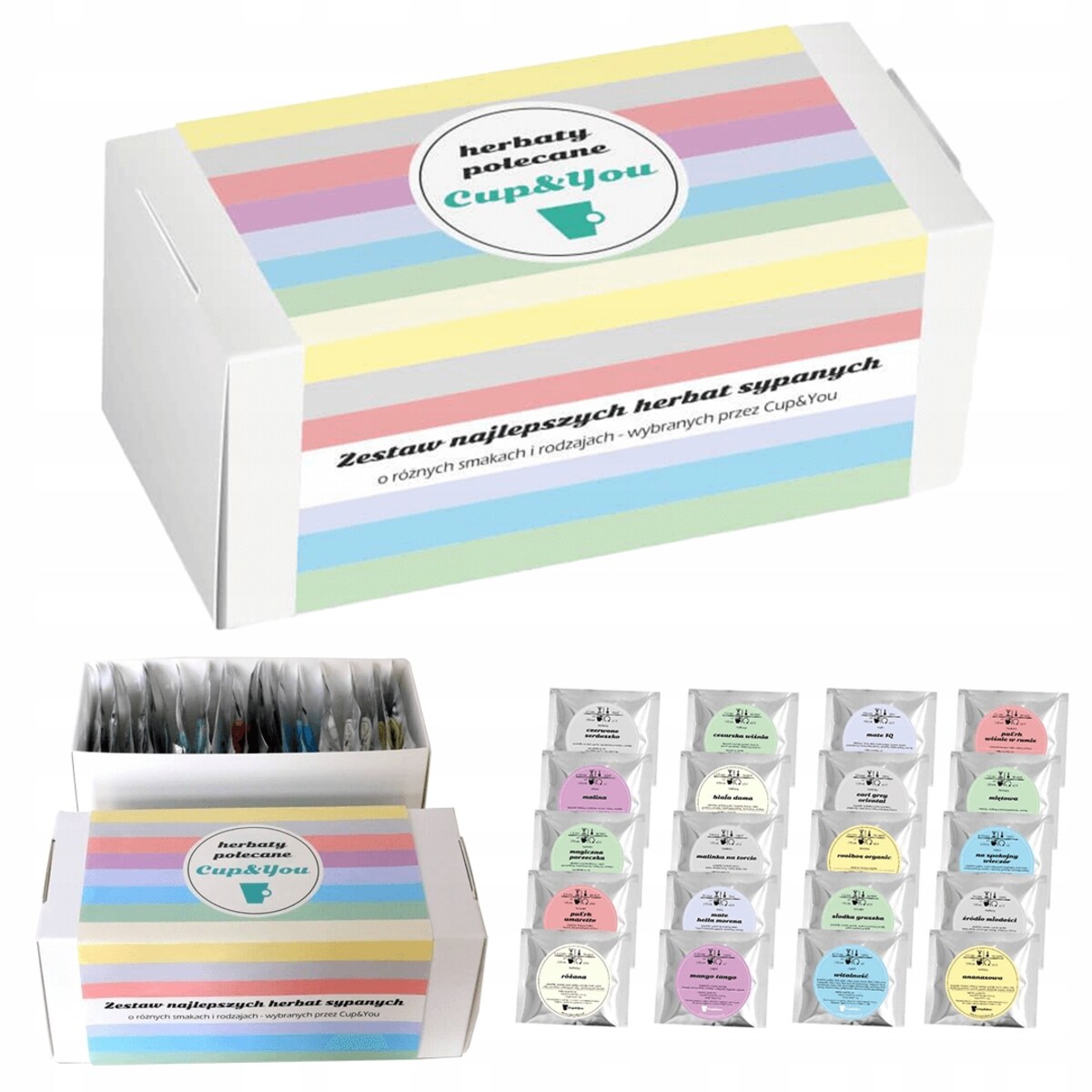 Zestaw 20 wyselekcjonowanych herbat sypanych HERBATY POLECANE CUP&YOU - box prezentowy upominkowy dla kobiety chłopaka mamy taty babci dziadka niej niego
