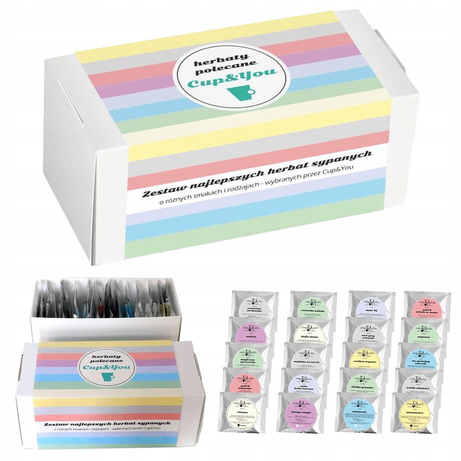 Zestaw 20 wyselekcjonowanych herbat sypanych HERBATY POLECANE CUP&YOU - box prezentowy upominkowy dla kobiety chłopaka mamy taty babci dziadka niej niego