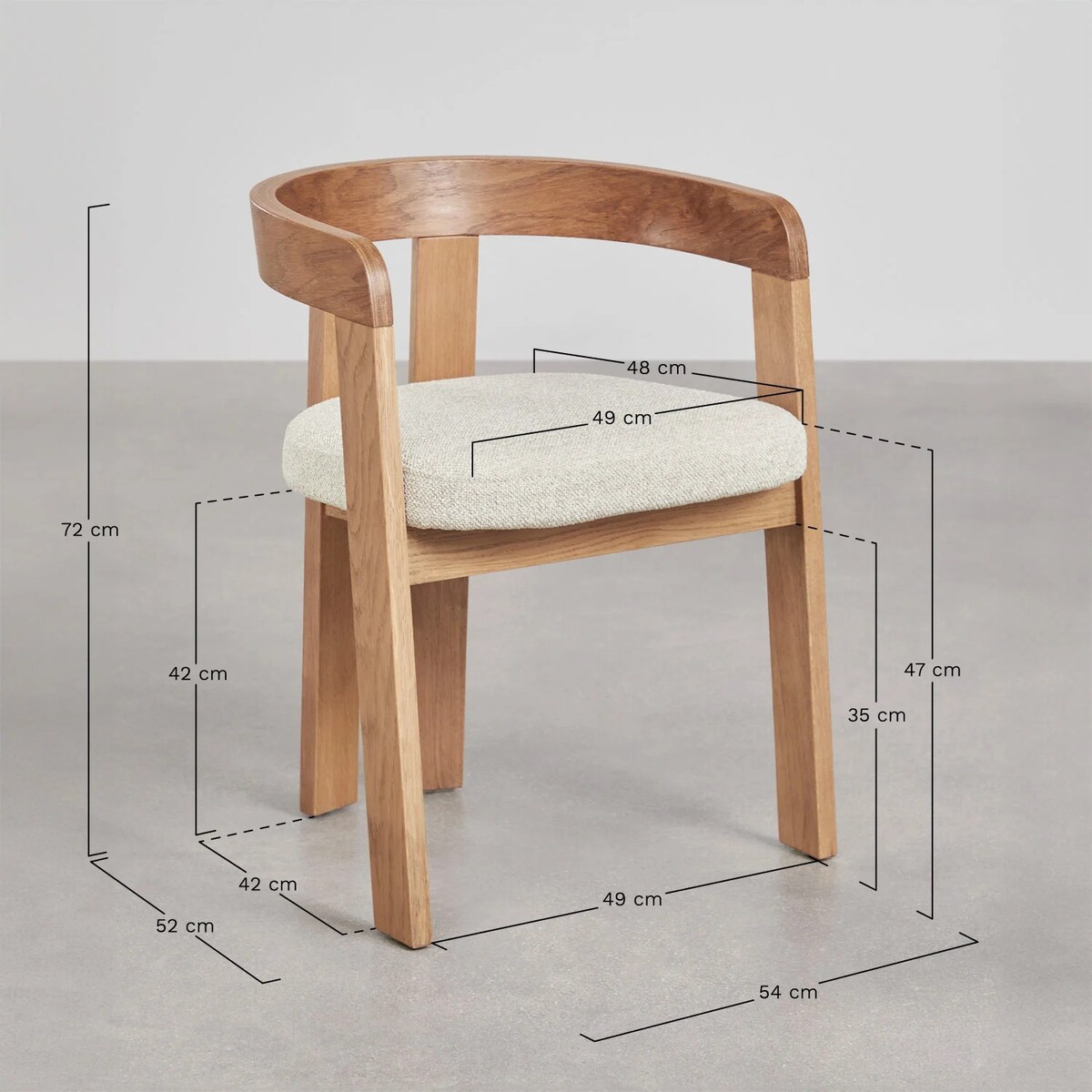 Krzesło z podłokietnikami, ciemne drewno, kremowe bouclé, Yvonne