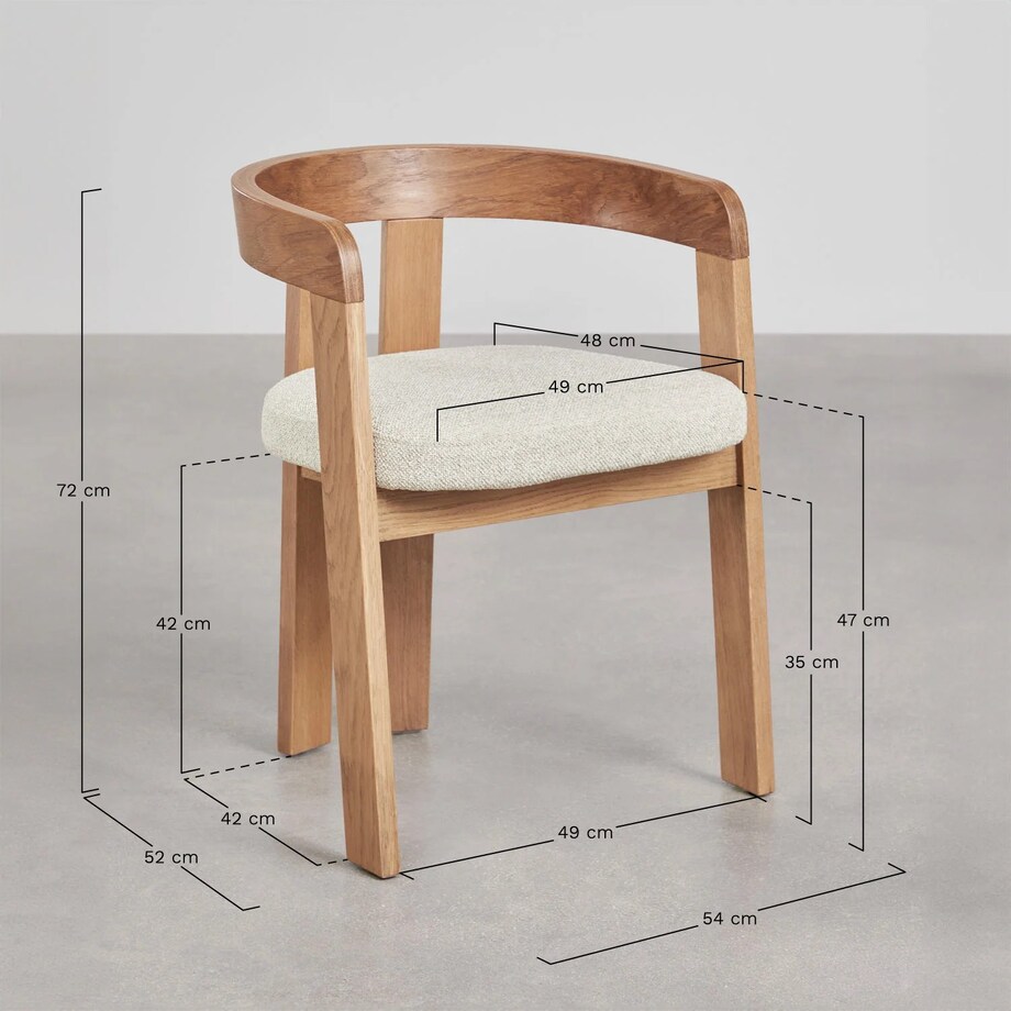 Krzesło z podłokietnikami, ciemne drewno, kremowe bouclé, Yvonne