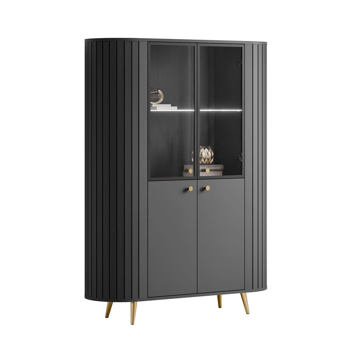 Witryna ELODIE II z oświetleniem LED, czarny / nóżki i uchwyty złoty chrom