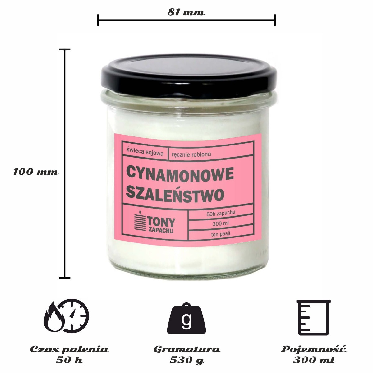 Świeca sojowa naturalna zapachowa CYNAMONOWE SZALEŃSTWO - najlepsza aromatyczna bezpieczna ręcznie robiona w szklanym słoiczku 300ml 50h palenia na prezent upominek