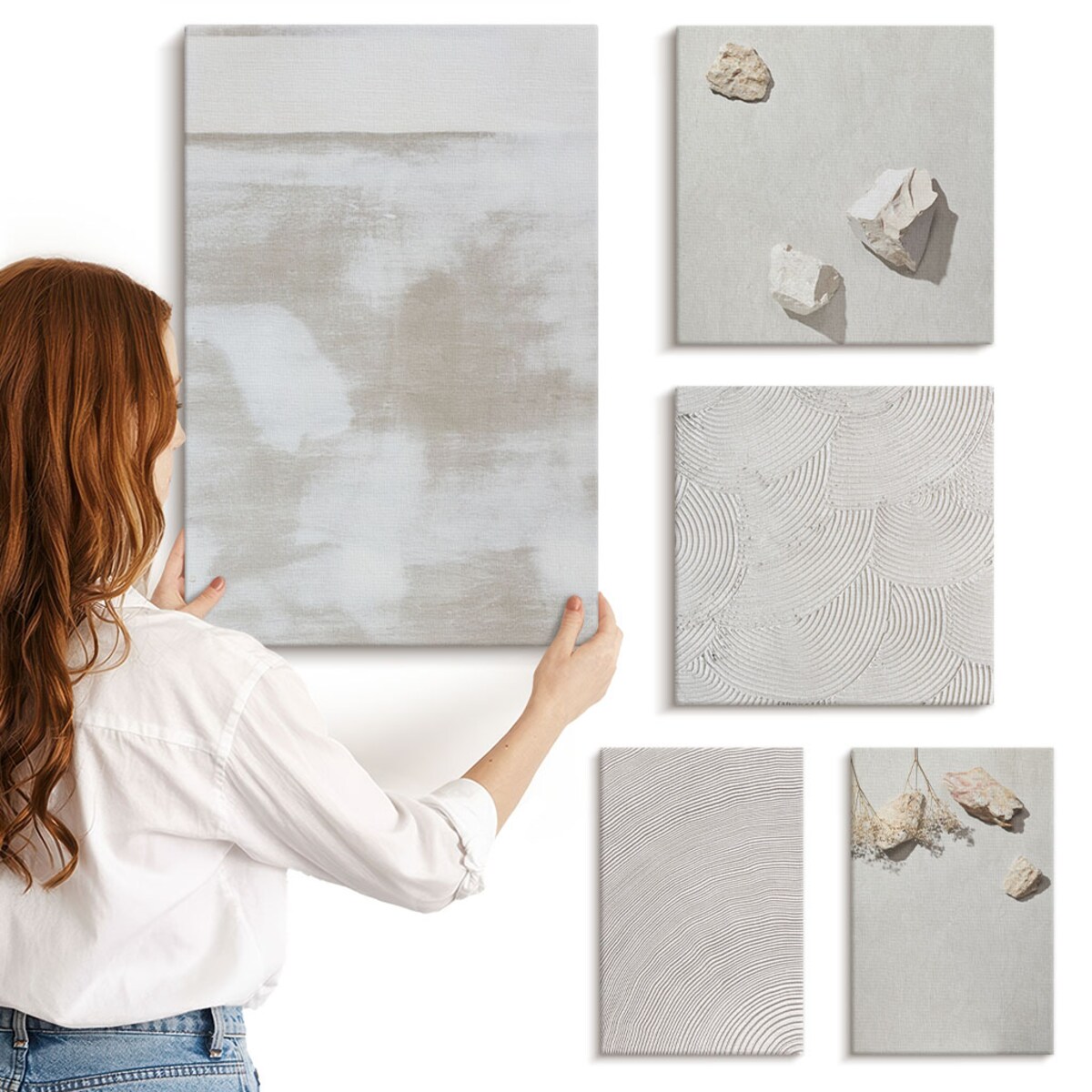 Zestaw 5 obrazów na płótnie - Piasek kamienie boho tekstura - beżowy