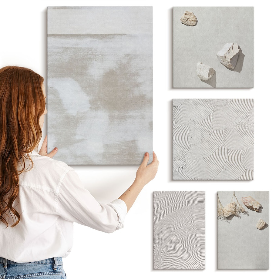 Zestaw 5 obrazów na płótnie - Piasek kamienie boho tekstura - beżowy