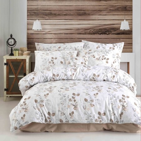 Pościel satyna bawełniana 180x200 Satynlove biała w brązowe liście