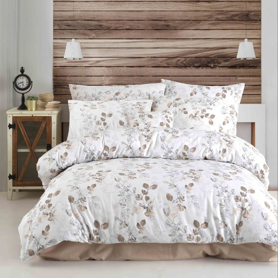 Pościel satyna bawełniana 180x200 Satynlove biała w brązowe liście