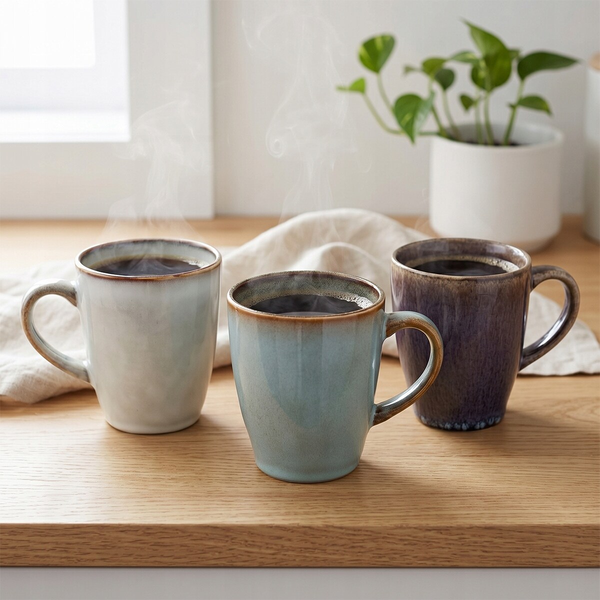 KUBEK CERAMICZNY 230ml BEŻOWY NIEBIESKI 3 szt. DO KAWY HERBATY NA KAWĘ