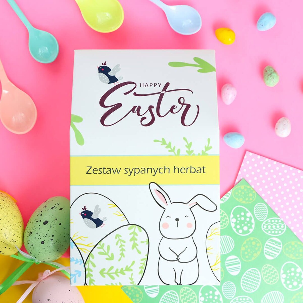 Zestaw herbat sypanych liściastych HAPPY EASTER 10 różnych smaków - prezent upominek paczka box na Wielkanoc Zajączka dla kobiety faceta
